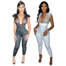 Sexy tight-fitting mesh patchwork bandage perspective jumpsuit