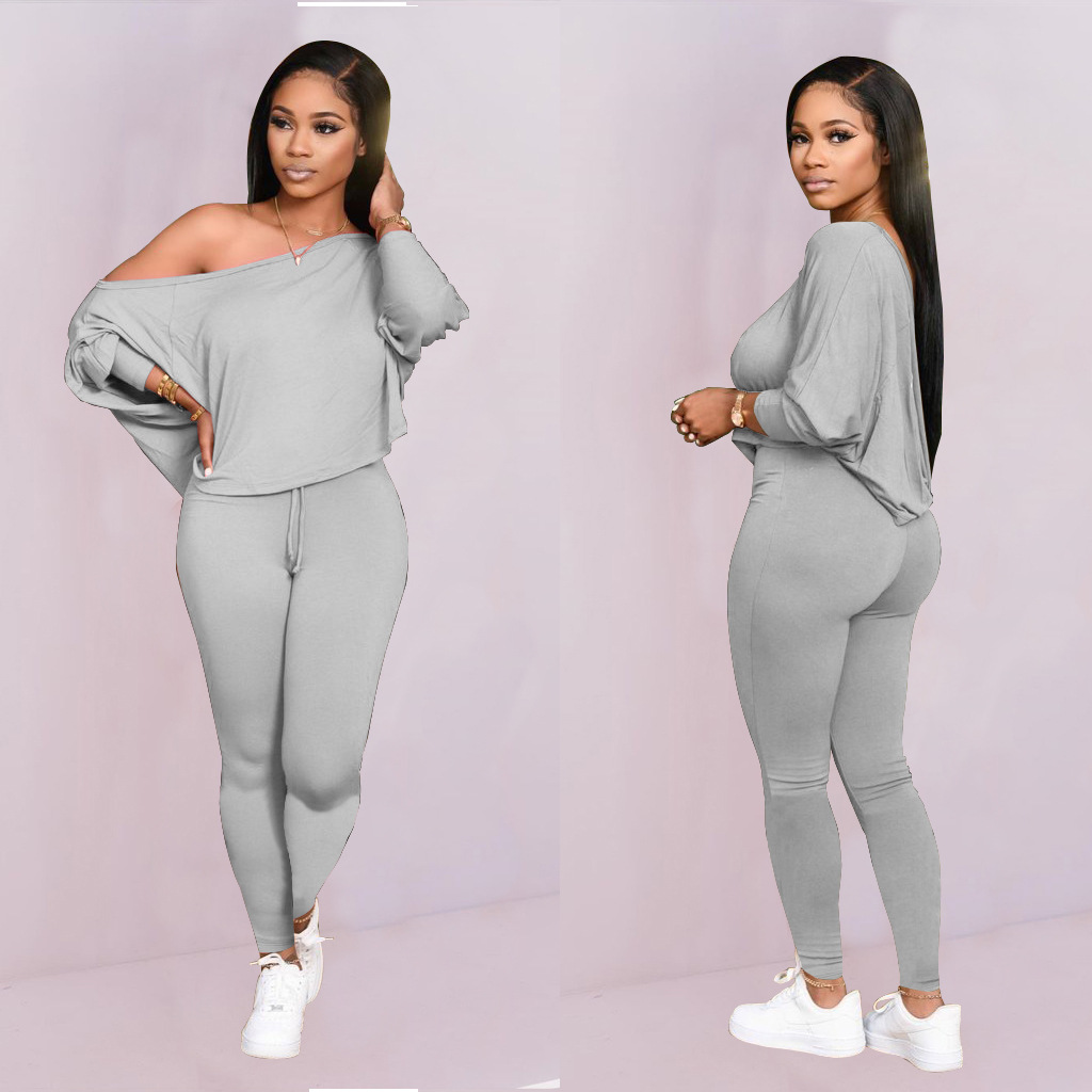 Sexy off-shoulder diagonal shoulder long-sleeved trousers two-piece set