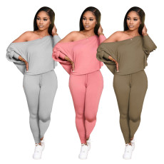 Sexy off-shoulder diagonal shoulder long-sleeved trousers two-piece set
