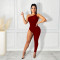 Sexy fashion tight one-shoulder solid color asymmetric jumpsuit