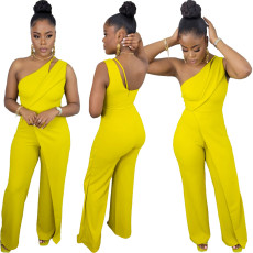 Solid color sleeveless zippered wide leg jumpsuit