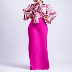 Fashion printing binding long-sleeved shirt skirt two-piece set