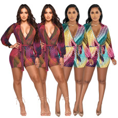 Deep V-neck color printing sexy binding jumpsuit