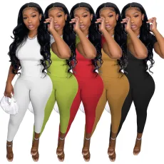 Summer new solid color pit strip short sleeve trousers casual two-piece set