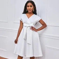 Large V-neck waist bow dress