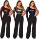 Sequin panel wide leg pants one shoulder long sleeve jumpsuit