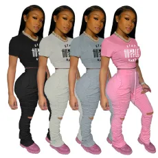 Fashion casual pop print ripped pants two-piece set
