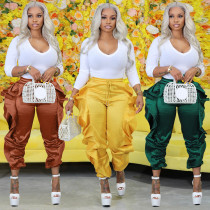 Ruffle hem trousers high elastic satin trousers