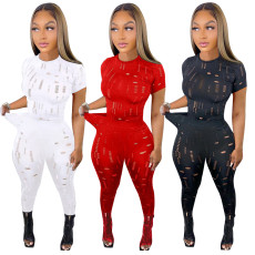Elastic hole round neck short sleeve top tights suit