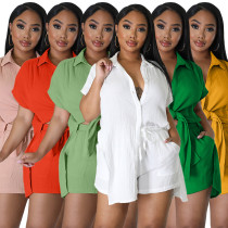 Cotton and linen plain shirt short sleeve casual shorts set