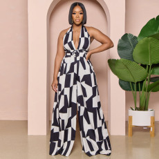 Printed sexy one-piece wide leg pants with hanging neck