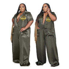 Crystal satin fabric feature print large jumpsuit with deep V pockets