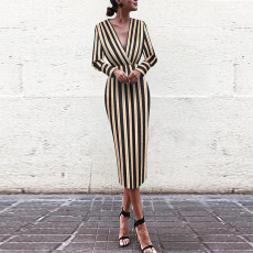 Deep V long-sleeved dress striped buttock skirt