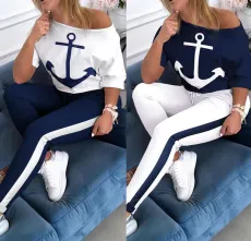 Short sleeve T-shirt navy sports suit anchor print two-piece set