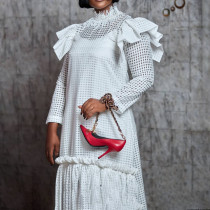 Large hollowed-out long-sleeved blouse suspender skirt two-piece dress