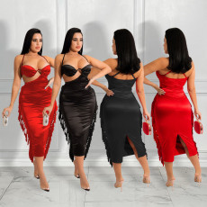 New sexy split neck open back nightclub tassel dress