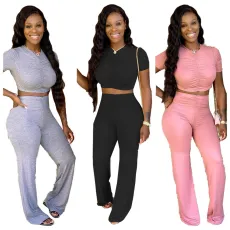 Sexy women's suit wrinkled tight flare trousers two-piece set