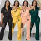 Short-sleeve zip coat flare pants casual two-piece set