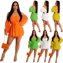 Straight neck chiffon waistband bubble sleeve jumpsuit