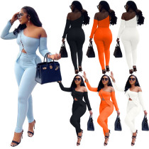 Oblique shoulder cardigan top casual trousers suit