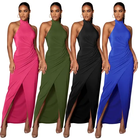 Long neck skirt pleated dress