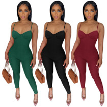 Strap solid V-neck elastic small pit sexy jumpsuit