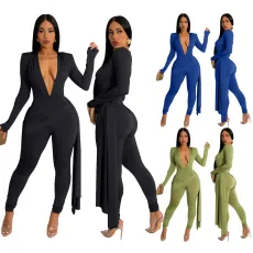 Deep V-neck long sleeve sexy jumpsuit with zipper