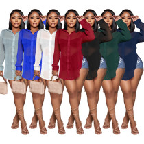 Sexy perspective single breasted solid color long-sleeved lapel temperament loose split chiffon shirt