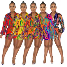 Fashionable printed shirt collar casual Jumpsuit