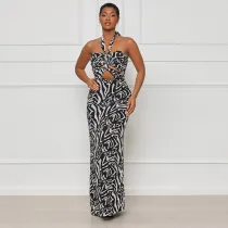 Sexy tie print sleeveless neck dress