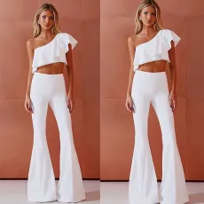 Diagonal shoulder solid color jumpsuit