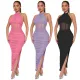 Hanging neck sleeveless mesh double-layer slit sexy dress