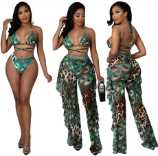 Three-piece personalized printed wooden ear edge swimsuit