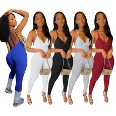 Solid rib suspender with back and chest pad casual yoga jumpsuit