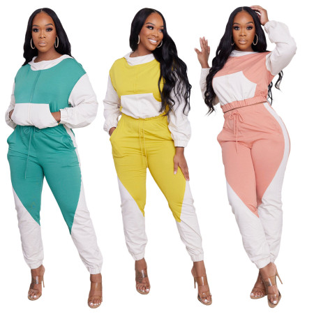 Multi-panel contrast half-high collar hooded sports casual suit