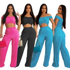 New sexy solid color wrap chest one-shoulder wide leg pants two-piece set