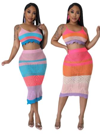 Fashion color-blocking woven beach skirt two-piece set