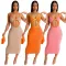 Solid color cut-out hand-knitted sweater contrast color dress