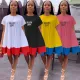 Spring and summer short-sleeved round neck color-blocking printed loose dress with pockets