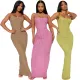 Fashion solid color elastic pleated sling long dress