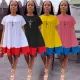 Spring and summer short-sleeved round neck color-blocking printed loose dress with pockets