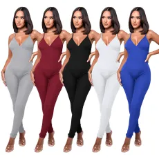 Solid rib suspender with back and chest pad casual yoga jumpsuit