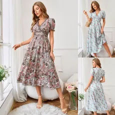 V-neck waistband printed short-sleeved dress