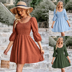 Fashion V-neck solid color waist small wool ball dress