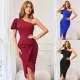 Casual one shoulder, solid color, slimming, buttock wrap dress