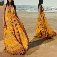 Sexy sleeveless suspender dress printed long skirt