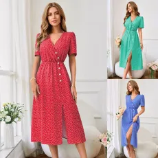 V-neck printed waistband dress