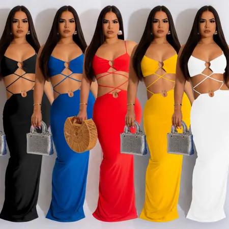 Fashion strapping iron ring sleeveless long dress