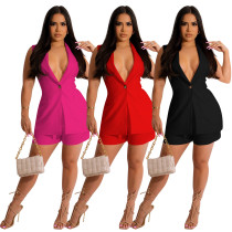 Sleeveless lapel extended suit vest shorts set