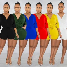 Fashion lace up V-neck shorts jumpsuit